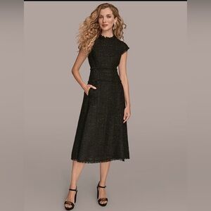 Donna Karan Metallic Tweed Cap Sleeve A-Line Midi Dress. Size 8. NWT
